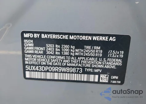 2024 BMW X3 Sdrive30I z USA, uszkodzony, nr VIN 5UX43DP09R9W89873